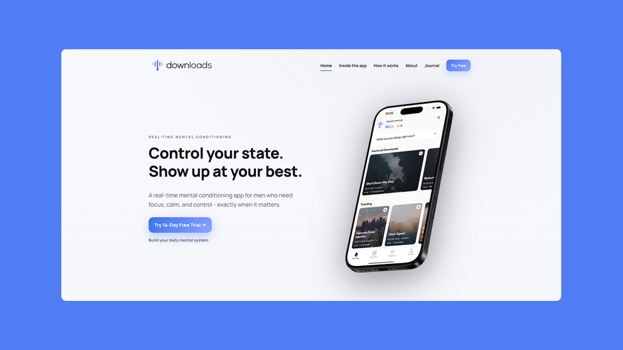 Downloads by Thought Rewired: website and mobile app preview on a blue background.