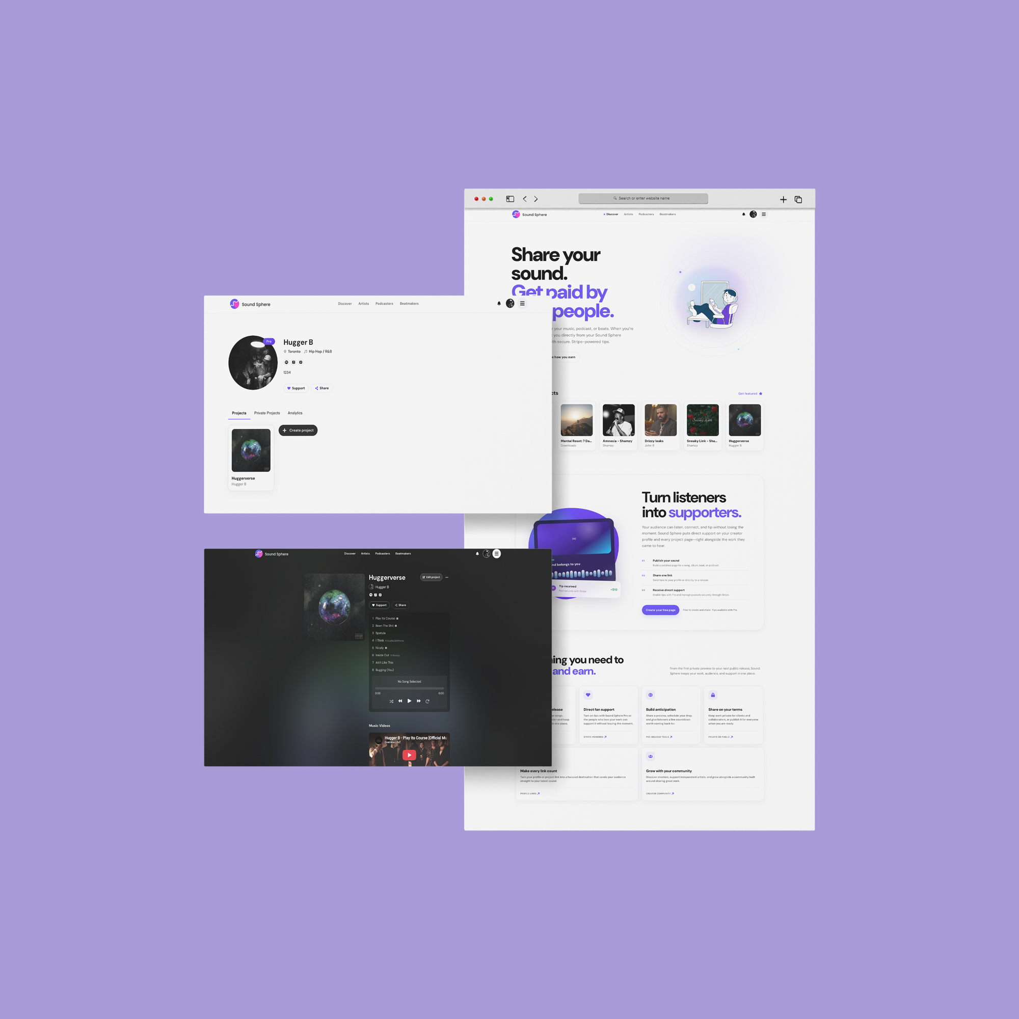 Sound Sphere branding, creator profile, music player, and website on a magenta background.